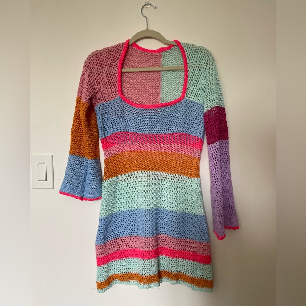 Crochet Knit Mini Dress Long Sleeve Colorful Mesh Cover Ups Casual Sweater